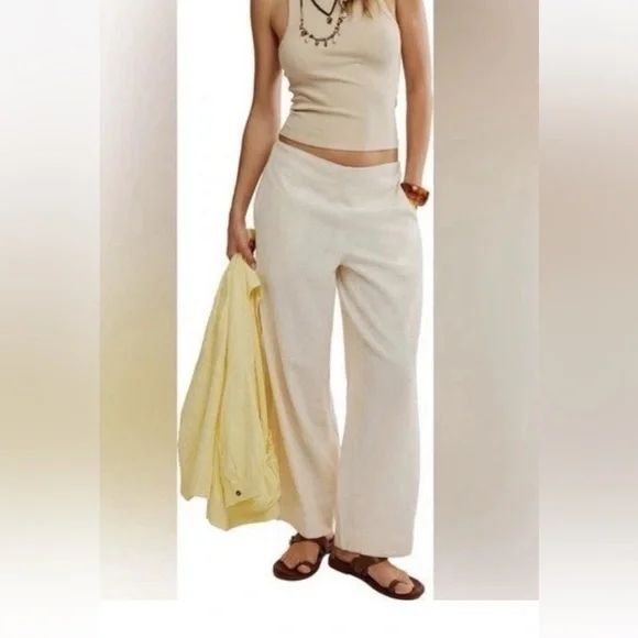 NWOT Free People X Free EST Wide Leg Linen Blend Pants Pale Yellow XS Tall and S - Picture 2 of 9